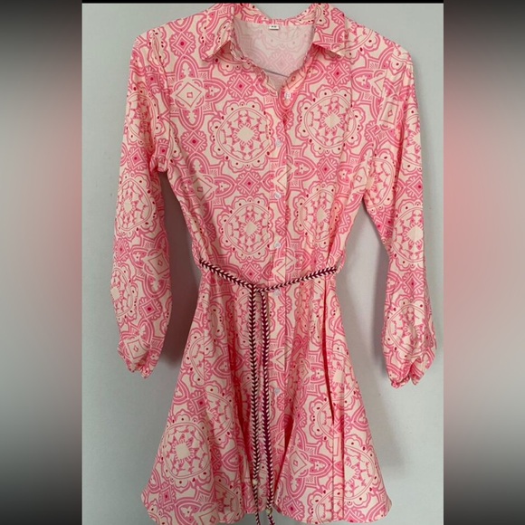 Pink Belted Button Front Long Sleeve Flared Short Dress - Picture 9 of 16